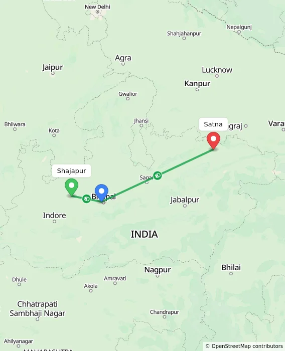 Route map showing distance and travel time from Shajapur, India to Satna, India
