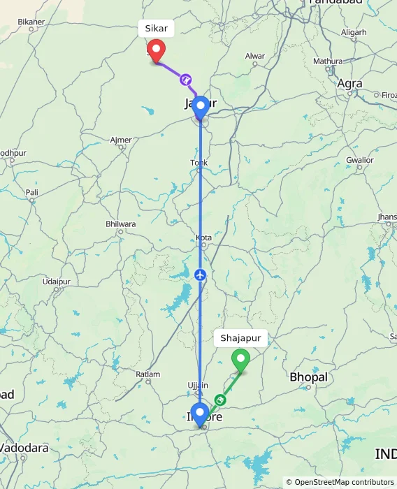 Route map showing distance and travel time from Shajapur, India to Sikar, India