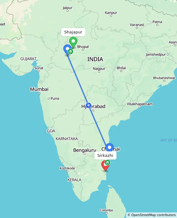 Route map showing distance and travel time from Shajapur, India to Sirkazhi, India