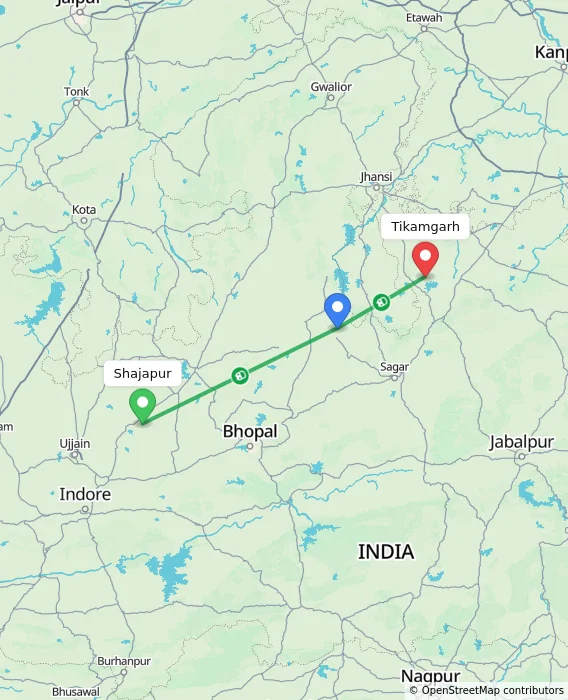 Route map showing distance and travel time from Shajapur, India to Tikamgarh, India