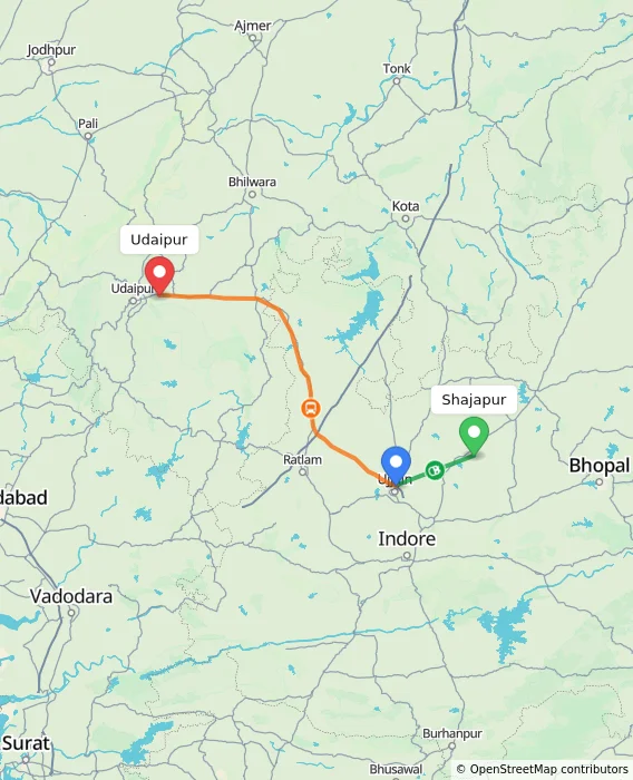 Route map showing distance and travel time from Shajapur, India to Udaipur, India