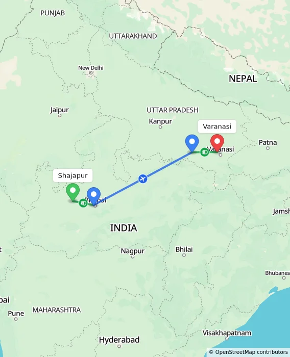 Route map showing distance and travel time from Shajapur, India to Varanasi, India