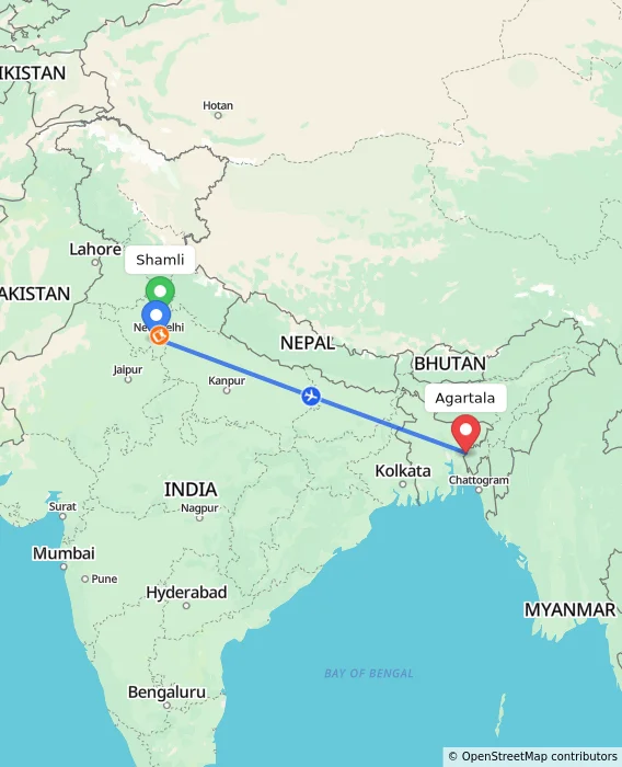 Route map showing distance and travel time from Shamli, India to Agartala, India