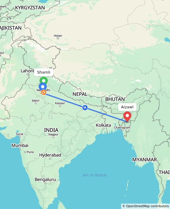 Route map showing distance and travel time from Shamli, India to Aizawl, India