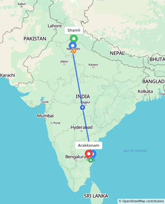 Route map showing distance and travel time from Shamli, India to Arakkonam, India