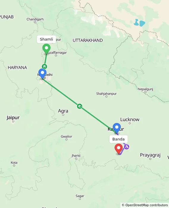 Route map showing distance and travel time from Shamli, India to Banda, India