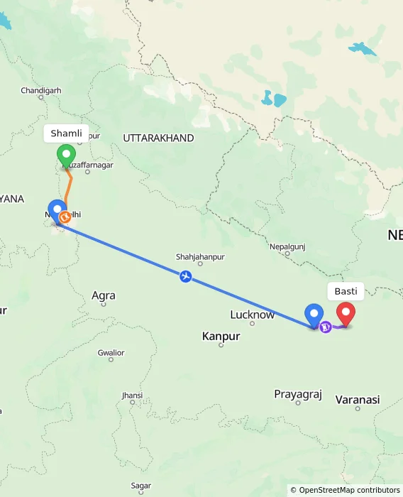 Route map showing distance and travel time from Shamli, India to Basti, India