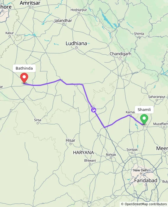 Route map showing distance and travel time from Shamli, India to Bathinda, India