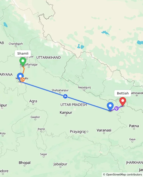 Route map showing distance and travel time from Shamli, India to Bettiah, India