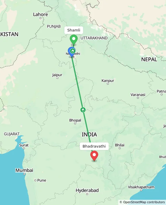 Route map showing distance and travel time from Shamli, India to Bhadravathi, India