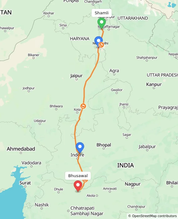 Route map showing distance and travel time from Shamli, India to Bhusawal, India