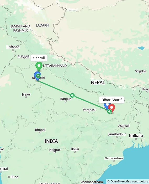 Route map showing distance and travel time from Shamli, India to Bihar Sharif, India