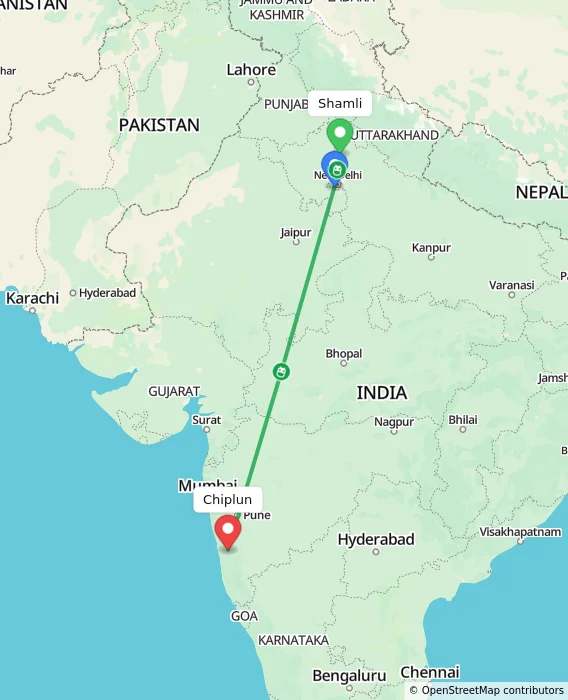 Route map showing distance and travel time from Shamli, India to Chiplun, India