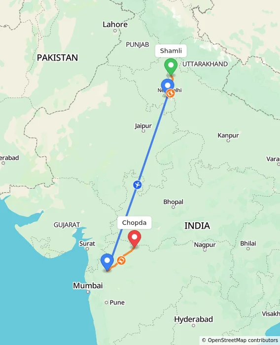 Route map showing distance and travel time from Shamli, India to Chopda, India