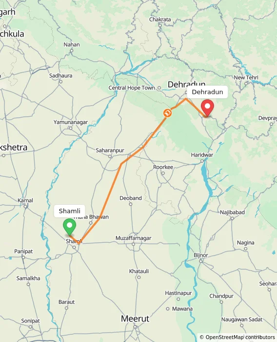 Route map showing distance and travel time from Shamli, India to Dehradun, India