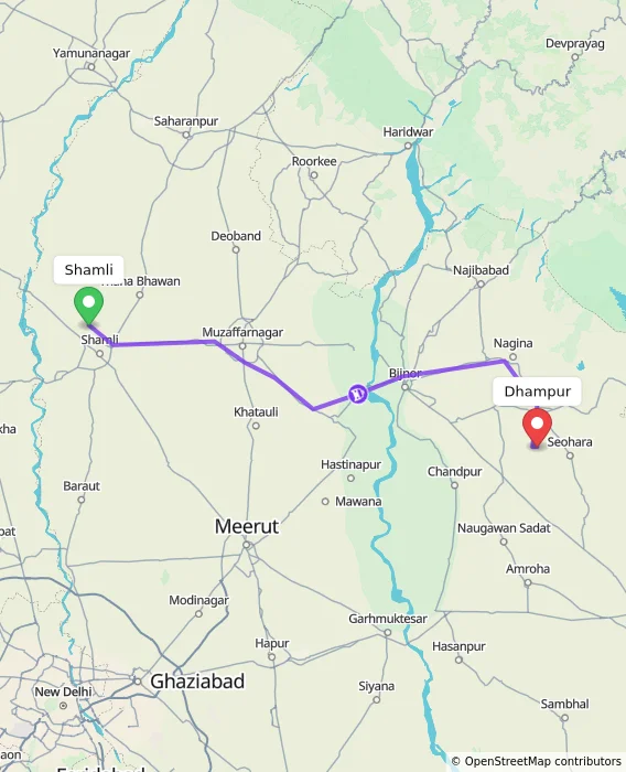 Route map showing distance and travel time from Shamli, India to Dhampur, India