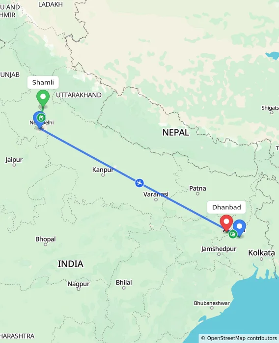 Route map showing distance and travel time from Shamli, India to Dhanbad, India