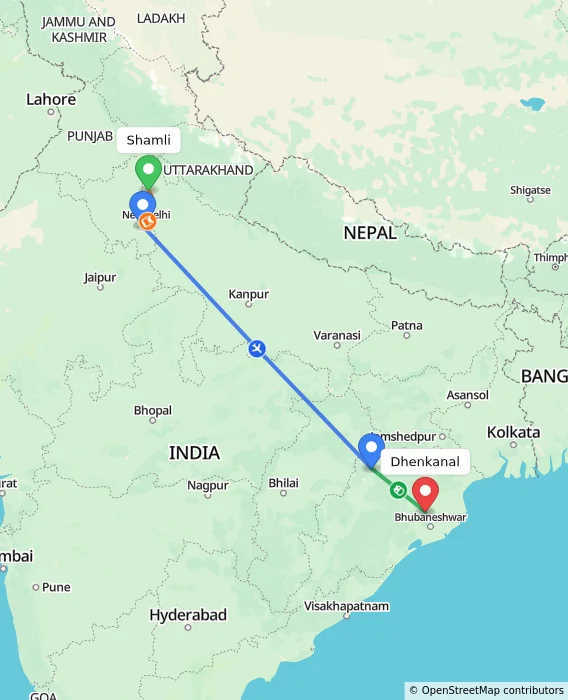 Route map showing distance and travel time from Shamli, India to Dhenkanal, India