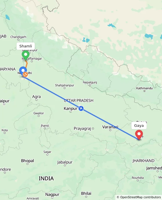 Route map showing distance and travel time from Shamli, India to Gaya, India