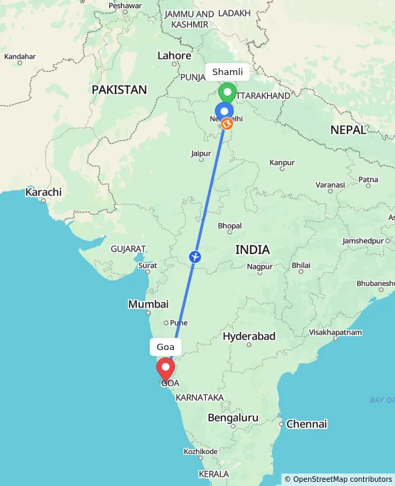 Route map showing distance and travel time from Shamli, India to Goa, India