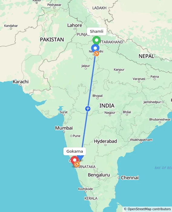 Route map showing distance and travel time from Shamli, India to Gokarna, India