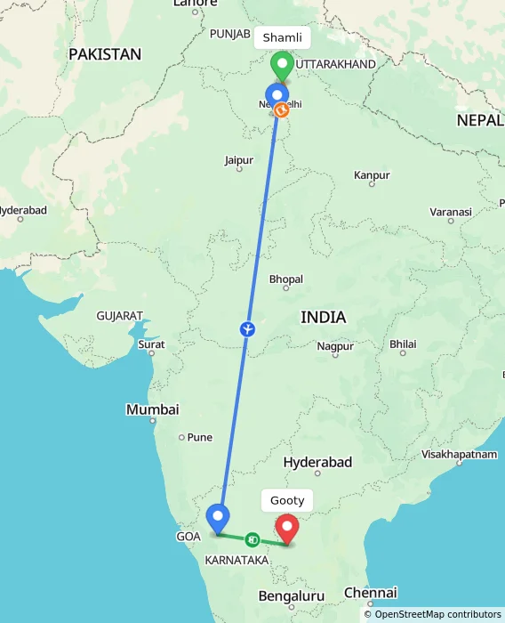 Route map showing distance and travel time from Shamli, India to Gooty, India