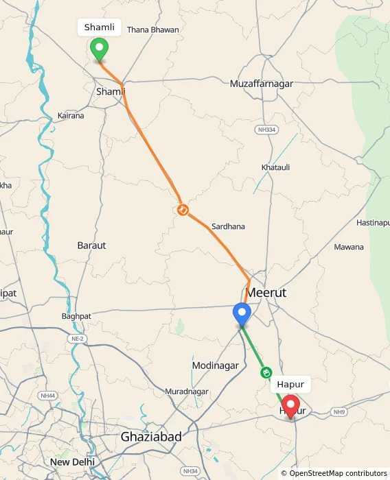 Route map showing distance and travel time from Shamli, India to Hapur, India