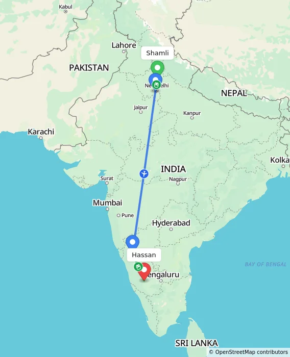Route map showing distance and travel time from Shamli, India to Hassan, India