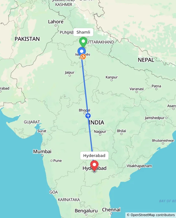 Route map showing distance and travel time from Shamli, India to Hyderabad, India