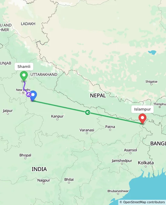 Route map showing distance and travel time from Shamli, India to Islampur, India