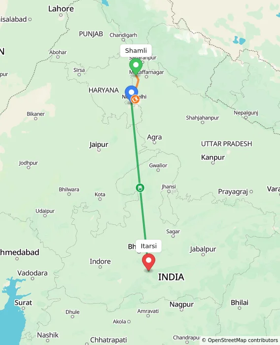 Route map showing distance and travel time from Shamli, India to Itarsi, India
