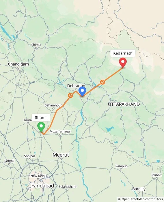 Route map showing distance and travel time from Shamli, India to Kedarnath, India