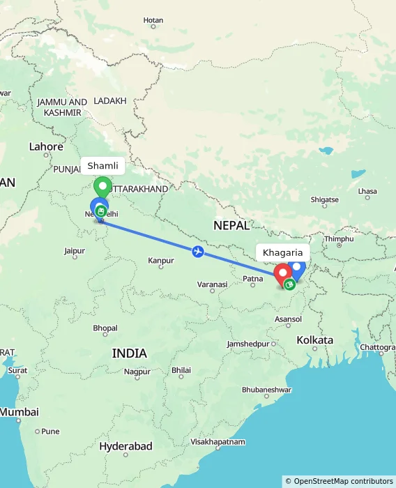 Route map showing distance and travel time from Shamli, India to Khagaria, India