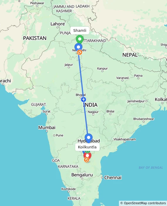 Route map showing distance and travel time from Shamli, India to Koilkuntla, India