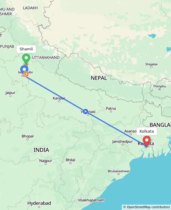Route map showing distance and travel time from Shamli, India to Kolkata, India
