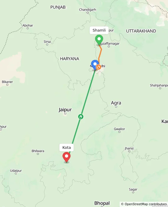 Route map showing distance and travel time from Shamli, India to Kota, India