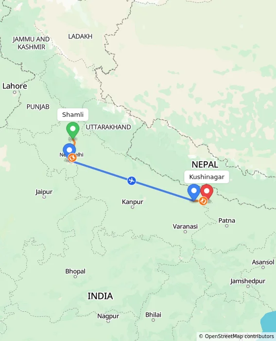 Route map showing distance and travel time from Shamli, India to Kushinagar, India