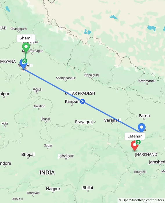 Route map showing distance and travel time from Shamli, India to Latehar, India