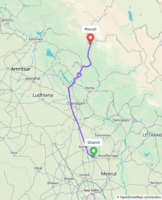 Route map showing distance and travel time from Shamli, India to Manali, India