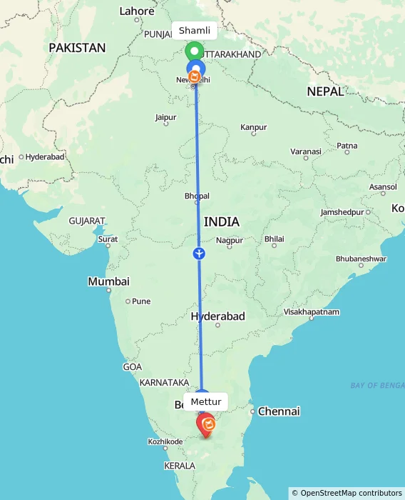 Route map showing distance and travel time from Shamli, India to Mettur, India