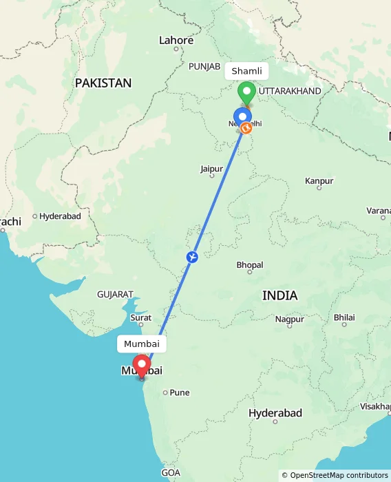 Route map showing distance and travel time from Shamli, India to Mumbai, India