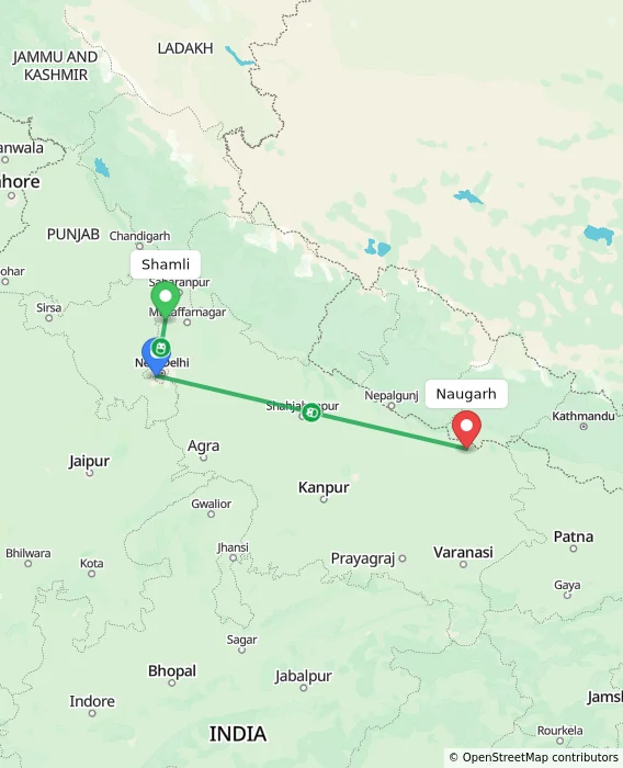 Route map showing distance and travel time from Shamli, India to Naugarh, India