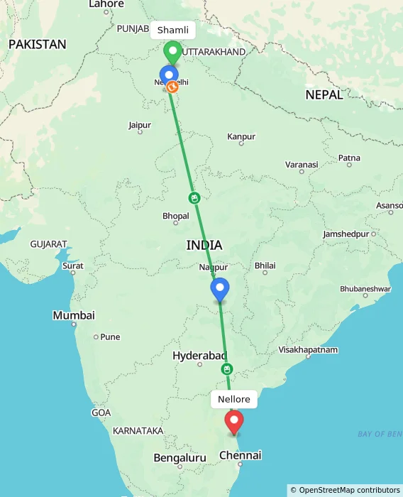 Route map showing distance and travel time from Shamli, India to Nellore, India