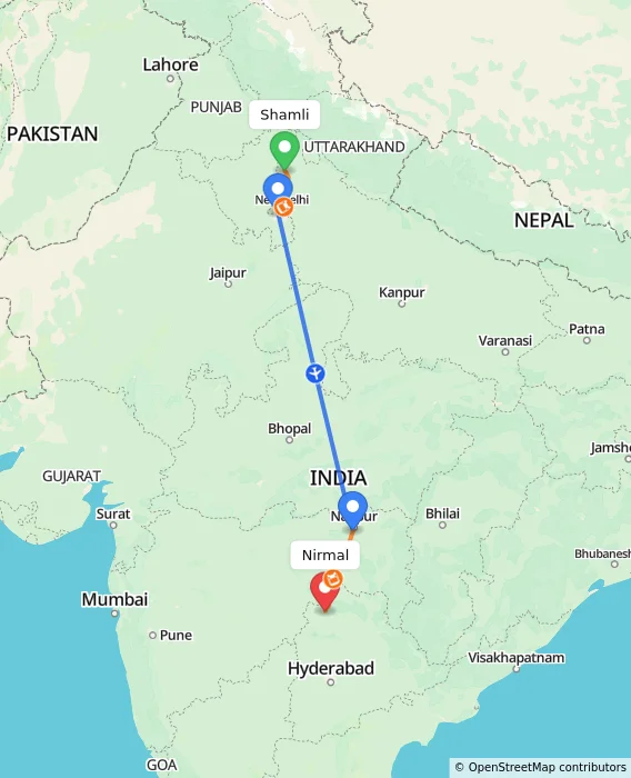 Route map showing distance and travel time from Shamli, India to Nirmal, India