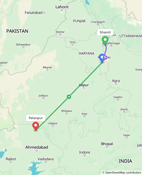 Route map showing distance and travel time from Shamli, India to Palanpur, India