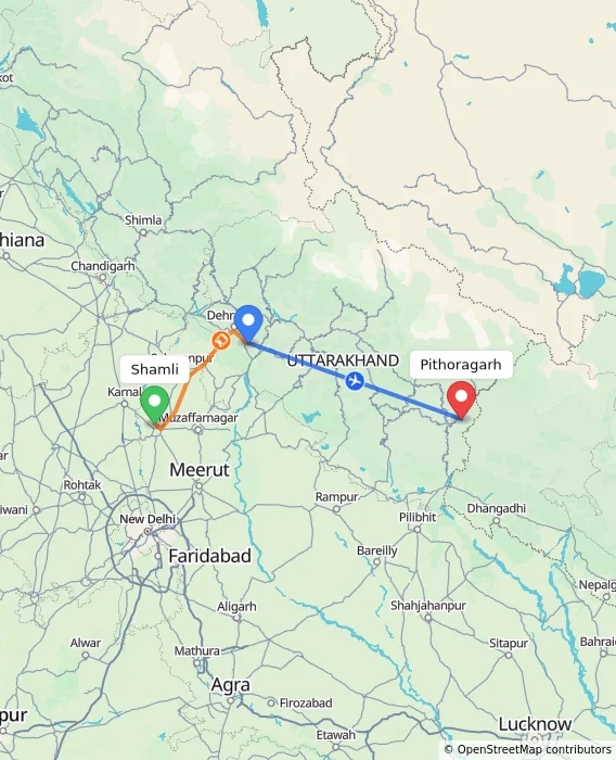Route map showing distance and travel time from Shamli, India to Pithoragarh, India