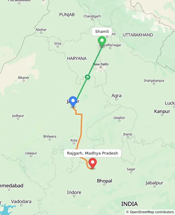 Route map showing distance and travel time from Shamli, India to Rajgarh, Madhya Pradesh, India