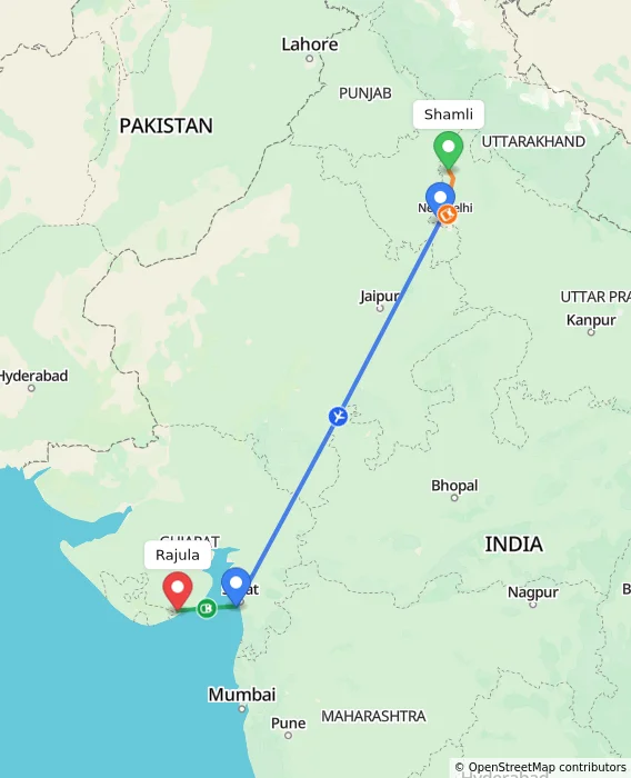 Route map showing distance and travel time from Shamli, India to Rajula, India