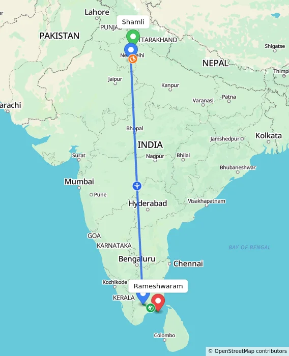 Route map showing distance and travel time from Shamli, India to Rameshwaram, India