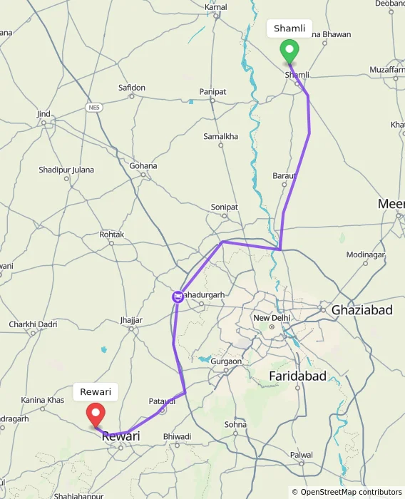 Route map showing distance and travel time from Shamli, India to Rewari, India
